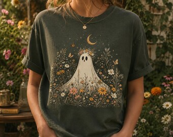 コテージコア風ゴーストアート、花柄ゴーストイラスト、ボヘミアン風ハロウィンゴースト、野花ゴーストデザイン、不気味なガーデンアート、秋の月のゴースト