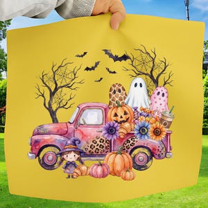 Cute Halloween PNG Watercolor Pink Truck Witch and Ghosts Fall Pumpkin Patch Trendy Sublimation Design Digital Download