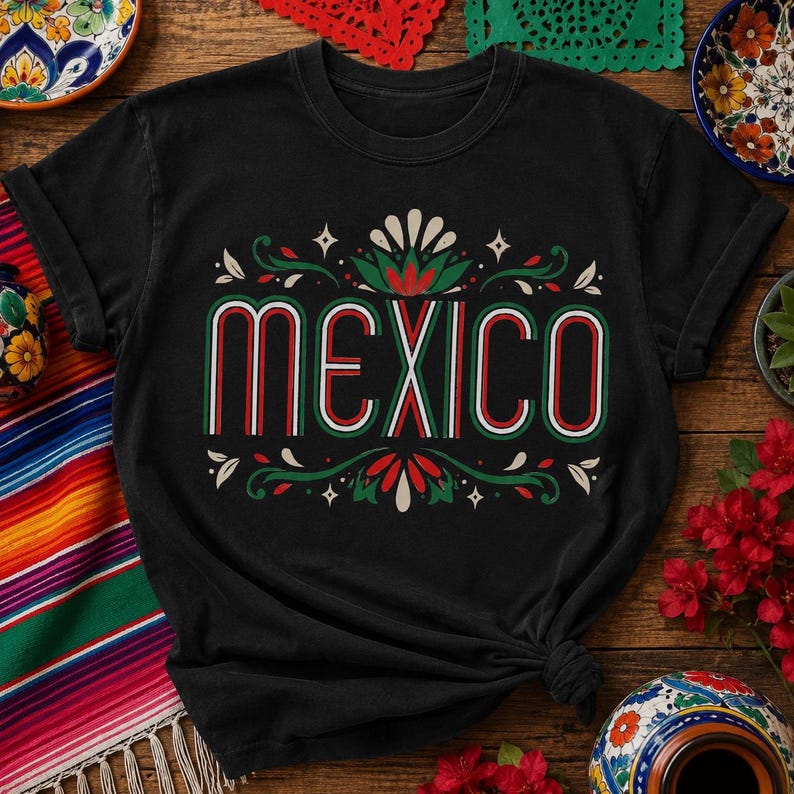 Mexico Folk Art, Mexican Pride Shirt, Mexican Heritage Design, Fiesta Floral Art, Mexico Typography, Cultural Pride Graphic image 3