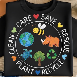 以下が含まれることがあります： 黒いスウェットシャツ。円形のグラフィックには、ミツバチ、サイ、カメ、木、リサイクルのシンボルが描かれています。「Clean, Care, Save, Rescue, Plant, Recycle」の文字が画像を囲み、ハートのアクセントが付いています。