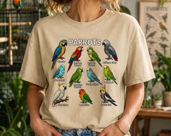 Colorful Parrots PNG Bird Identification Illustration Macaw African Grey Cockatoo Art Hand Drawn Design Pet Bird Sublimation Digital
