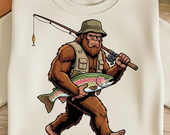 ビッグフット釣り PNG サスカッチ 漁師 PNG 面白い釣り人 ニジマス アウトドア 未確認生物 アート 昇華 デジタルダウンロード
