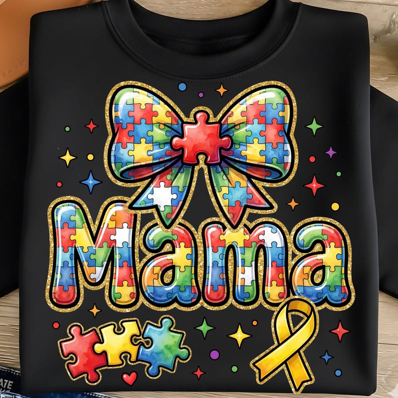 Autism Mama PNG Watercolor Puzzle Piece Bow Trendy Glitter Mama PNG ...