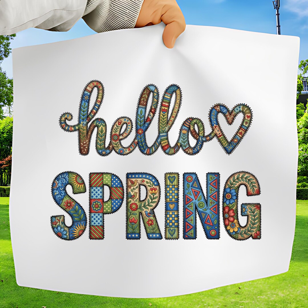 Hello Spring PNG, Boho Folk Art Sublimation, Colorful Patchwork Floral ...