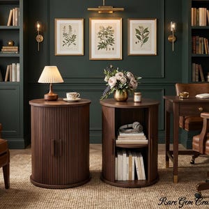 Walnut Nightstand Set of 2, Round Fluted End Tables, Modern Side Table, Tambour Door Bedside Table