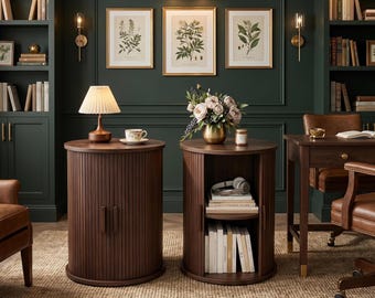 Walnut Nightstand Set of 2, Round Fluted End Tables, Modern Side Table, Tambour Door Bedside Table