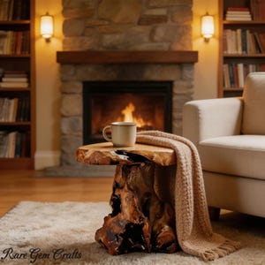 May include: A rustic, live-edge wooden side table with a unique, textured base. A beige mug sits on top, with a tan blanket draped over the edge. The background features a fireplace, bookshelves, and a beige sofa, creating a cozy, warm atmosphere.