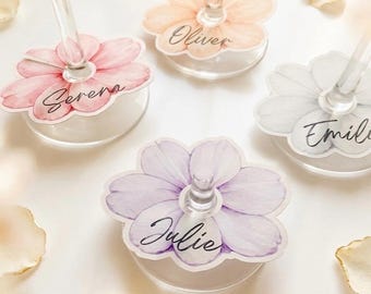 Marque-place mariage personnalisé fleur pour verre à vin – Porte-nom invité – Décoration table pastel – Marque verre original – Baptême, ann