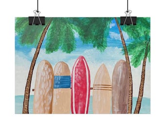May include: A painting of five surfboards standing upright on a beach under palm trees. The boards are various shades of tan, brown, and one bright red with white stripes. A blue horizontal stripe and thin brown lines decorate two of the boards.