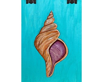 May include: A vertical rectangular wall art print featuring a painted spiral seashell centered on a vibrant turquoise background. The shell displays shades of tan, brown, and cream with a deep purple interior opening, suspended by two black clips.