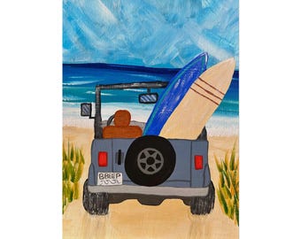 May include: A painting of a gray off-road vehicle on a sandy beach with two surfboards, one blue and one tan with brown stripes, resting in the back. The vehicle has a license plate that reads BBEEP and is parked near green beach grass.