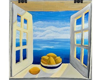 May include: A painting of an open window looking out onto a blue sea and sky. A white bowl with a dark blue rim sits on the windowsill, filled with yellow lemons. A single yellow lemon rests on the sill next to the bowl. The window frame is light.