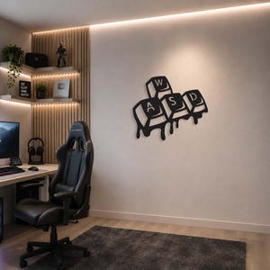 May include: A modern gaming room featuring a black gaming chair, a computer setup, and a wall decoration of the letters "ASD" and "W" from a keyboard. The room has wooden shelves with plants and a neon sign of a game controller.