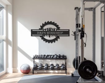 Letrero metálico de pared "Taller de papá", diseño de herramientas de sierra circular, cortado a láser, decoración para garaje, gimnasio y taller, para interiores industriales modernos.