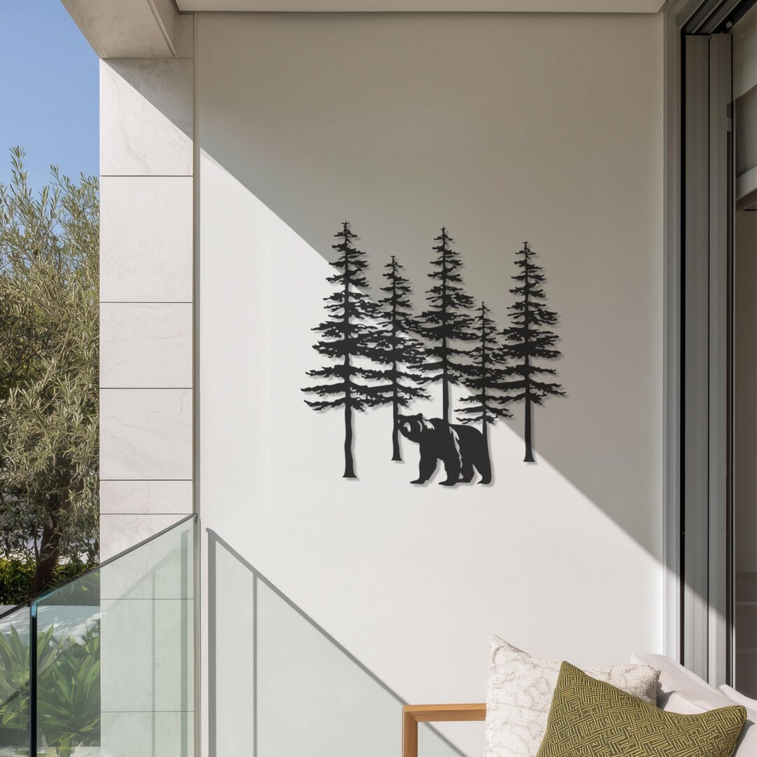 Bear Forest Metal Wall Art, Pine Tree Wilderness Silhouette Design ...