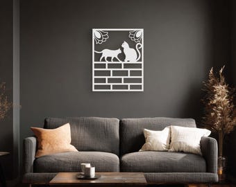 Cats on Brick Wall Metal Wall Art, Cat Lover Wall Decor, Two Cats Steel Sign, Floral Cat Wall Art, Cat Gift for Her, Home Decor