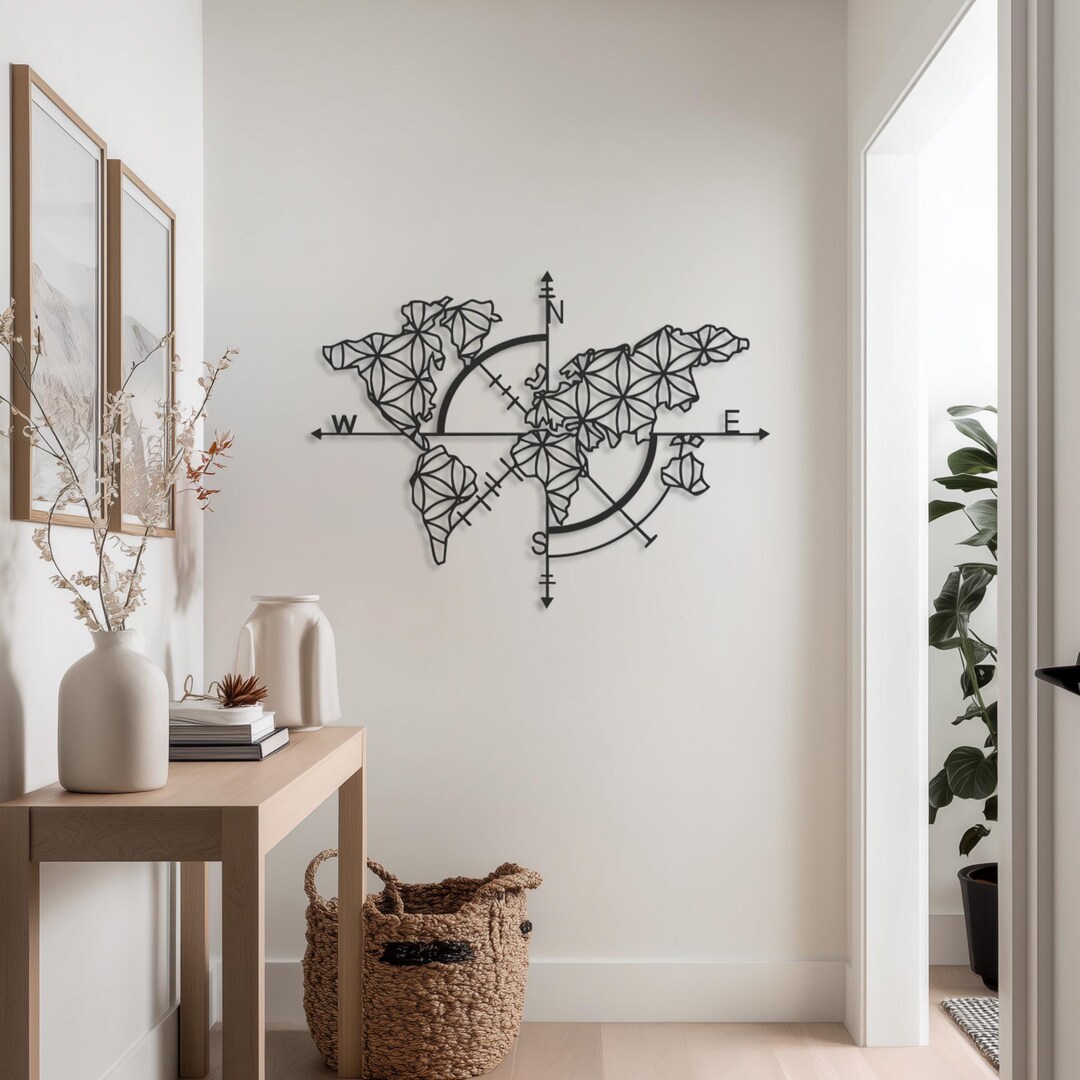 World Map Compass Metal Wall Art, Geometric World Map With Direction ...