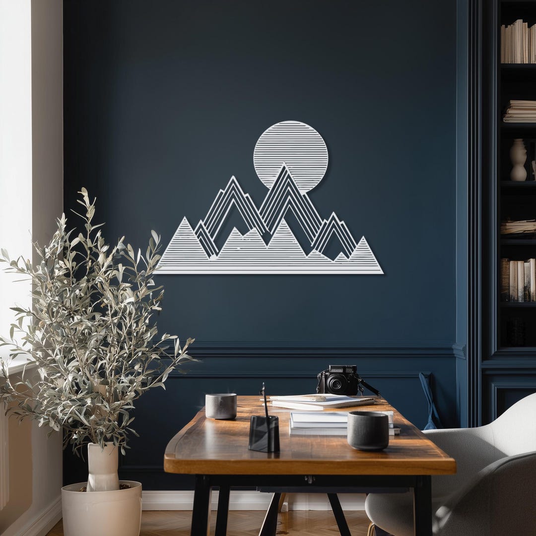 Abstract Mountain Metal Wall Art, Geometric Sun and Line Landscape ...