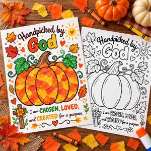 Könnte beinhalten: Zwei Ausmalbilder mit einer Kürbisillustration und dem Text Handpicked by God sowie I am CHOSEN, LOVED, and CREATED for a purpose. Eine Seite ist mit orangefarbenen und gelben Blattmustern ausgemalt, die andere ist eine Schwarz-Weiß-Vorlage.