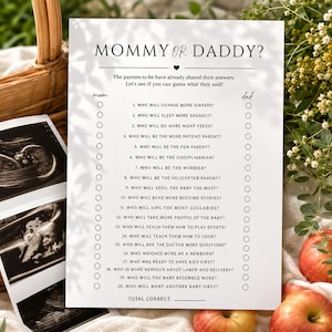 Vem sa det? Mamma eller pappa babyshower-spel | Minimalistiskt könsneutralt babyshower-spel | Redigerbar Canva-mall