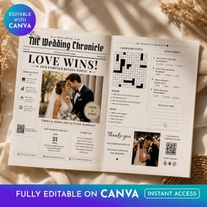 Könnte beinhalten: Eine Hochzeitszeitungsvorlage mit dem Titel The Wedding Chronicle in schwarz-weißem Layout, die ein Kreuzworträtsel, ein Gästequiz und zwei Fotos eines Paares enthält. Der Text umfasst Hochzeitsdetails, eine Danksagung und QR-Codes.