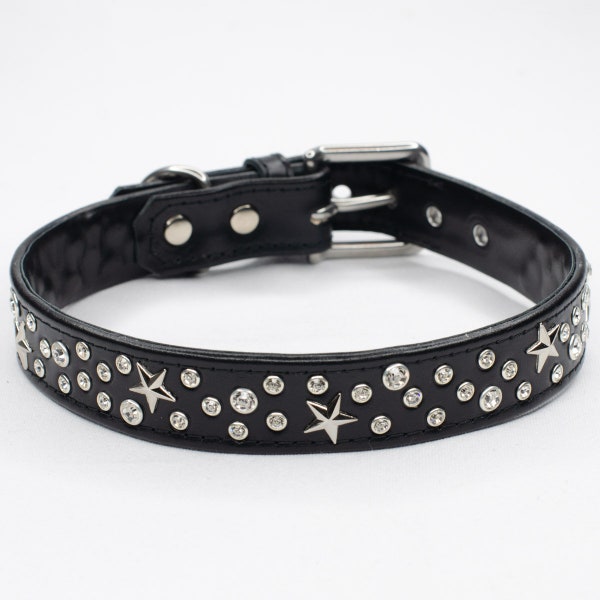 Star and Crystal Dog Collar - Starstruck -  Choose Leather and Crystal Colour