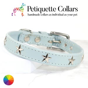 Peut inclure: Un collier pour chien en cuir bleu clair avec des accents d'étoiles argentées et une boucle argentée. Le collier est fait à la main et porte le texte "Petiquette Collars" et "handmade collars as individual as your pet".
