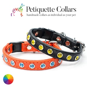 ハンドメイドレザーの猫用首輪：スワロフスキークリスタル、ブレイクアウェイクラスプ