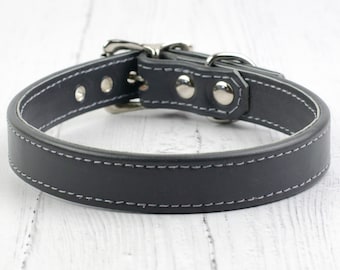 Handmade Dark Grey Leather Dog Collar – Italian Calf Leather, Soft Lined