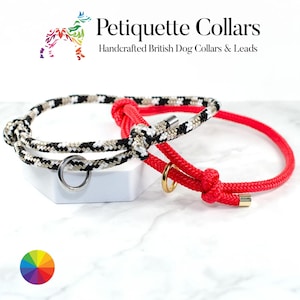 May include: Two rope dog collars. One is red, the other is black, white, and beige. Both have metal rings. The text "Petiquette Collars Handcrafted British Dog Collars & Leads" is displayed above the collars.