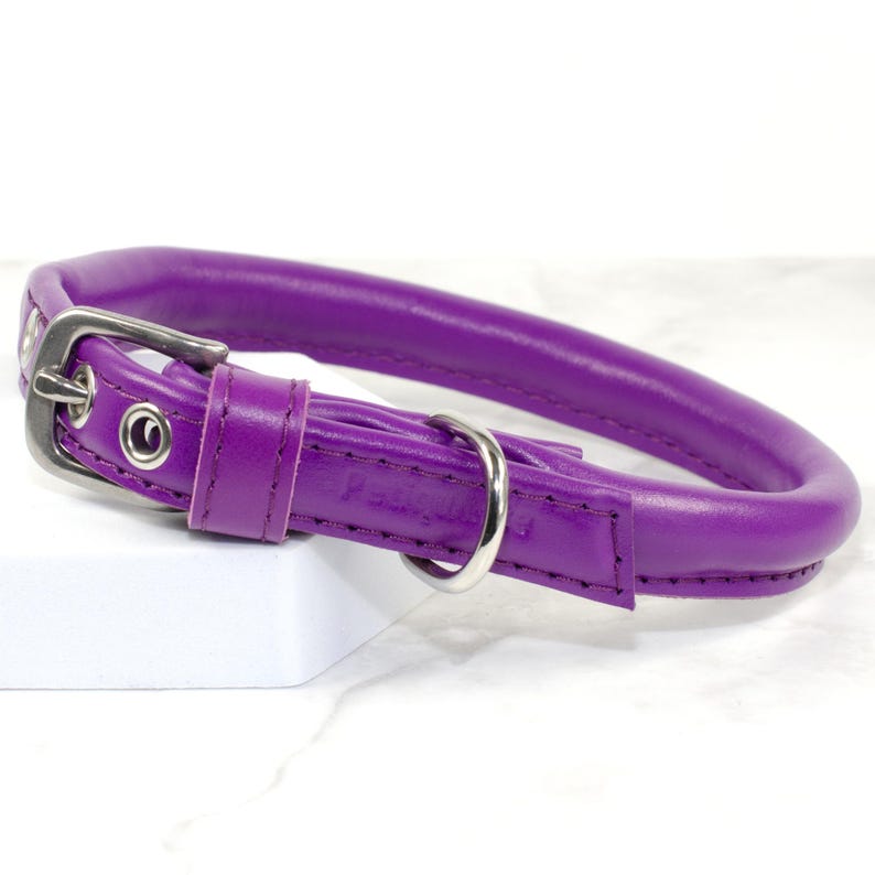 Puede incluir: Un collar morado para perros con un dise&ntilde;o redondeado. Cuenta con una hebilla de metal plateado y una anilla en D para sujetar la correa. El collar est&aacute; hecho de un material liso y de color s&oacute;lido.