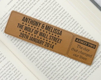 Ticket Stub First Date Personalised Leather Bookmark | Anniversary Gift | Gift for Book Lovers