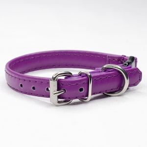Könnte beinhalten: Ein lila Lederhundekragen mit einer silbernen Schnalle und einem D-Ring.