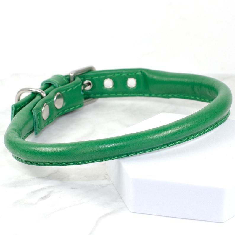 Puede incluir: Un collar verde brillante para perros con un dise&ntilde;o redondeado. Cuenta con una hebilla de metal plateado y una anilla en D para sujetar la correa. El collar est&aacute; hecho de un material verde liso y s&oacute;lido y tiene un dise&ntilde;o cl&aacute;sico y sencillo.