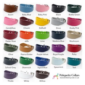 Puede incluir: Una colecci&oacute;n de collares para perros brit&aacute;nicos hechos a mano en varios colores, como Acorn, Baby Blue, Baby Pink, Black y Bottle Green. Cada collar tiene un cierre de hebilla y est&aacute; hecho de cuero.