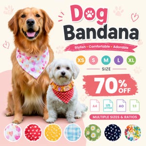 May include: Two dogs wearing bandanas. A golden retriever wears a pink and white heart-patterned bandana. A small white dog wears a red polka-dot bandana. The image includes the text "Dog Bandana" and "70% OFF". Multiple sizes and patterns are available.