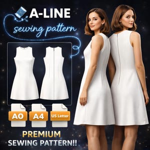 Può includere: Un modello di cucito a trapezio è mostrato, con un design di abito bianco con cerniera. L'immagine include un modello che indossa l'abito e icone di file per i formati AO, A4 e US Letter. Il testo recita "PREMIUM SEWING PATTERN!!"