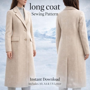 Puede incluir: Se muestra un patrón de costura de abrigo largo beige, mostrando las vistas delantera y trasera. El abrigo tiene un diseño clásico con cuello con solapas, cierre de botones y bolsillos. El texto "long coat Sewing Pattern" y "Instant Download" son visibles.