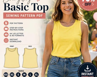 Naaipatroon linnen tanktop | XS-XL | Direct downloaden | Eenvoudige pdf | Mouwloze zomerblouse | Ronde hals | Losse top