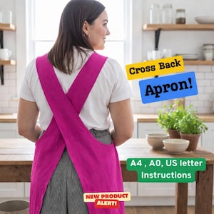 Cross Back Apron Sewing Pattern, Japanese Pinafore Apron, Artist & Kitchen Apron DIY, Pottery Apron, Plus Size Linen Apron Pattern For Women