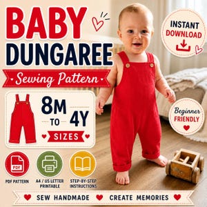Puede incluir: Un patrón de costura de peto para bebé rojo con el texto "BABY DUNGAREE Sewing Pattern" y "8M to 4Y Sizes". La imagen incluye un bebé con un peto rojo e iconos para patrón PDF, imprimible e instrucciones.
