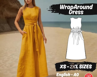 Patrón de costura para vestido cruzado, vestido de lino con escote en V, cintura ajustable, sin mangas, tallas XXS-2XL (descarga digital)
