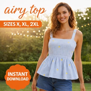 May include: A light blue and white striped top with yellow lemon embroidery. The top has a square neckline and a peplum hem. The text "airy top" and "SIZES X, XL, 2XL" are visible. The image also includes the text "INSTANT DOWNLOAD".
