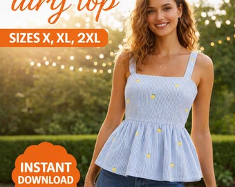 Patrón de costura para blusa peplum, blusa veraniega vaporosa para mujer, espalda con lazo a rayas (descarga instantánea)