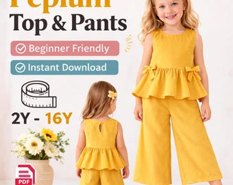 Patrón de costura en PDF para niña: top con volantes y pantalones peplum. Ideal para principiantes. Conjunto de verano.