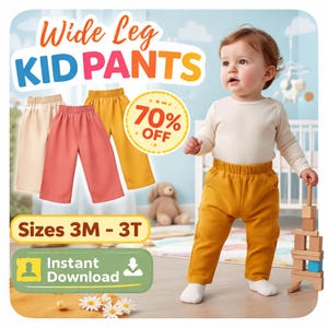 Puede incluir: Imagen de pantalones de pierna ancha para niños en beige, coral y amarillo mostaza, con un bebé que lleva pantalones amarillos mostaza. El texto incluye "Wide Leg Kid Pants", "Tallas 3M - 3T" y "70% de descuento".