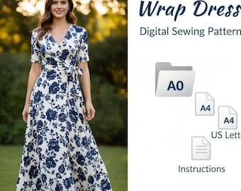 Patrón de costura en PDF para principiantes de vestido cruzado, patrón fácil de vestido maxi, vestido cruzado con escote en V y corte en A, vestido de verano en PDF, vestido Josie XS-2XL