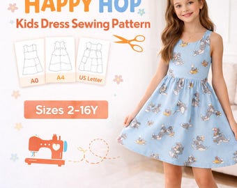 Patrón de costura para vestido infantil, corte entallado y con vuelo, ideal para principiantes, tallas de 2 a 16 años (PDF)