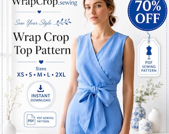 Patrón de costura para top cruzado / Patrón de costura para top corto en PDF / Archivo digital A0/A4 / Patrón de blusa con cuello en V para mujer / Instrucciones para principiantes