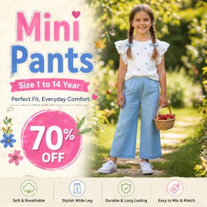 May include: A young person wearing a white top with floral accents and light blue wide-leg pants. The image includes the text "Mini Pants" and "Size 1 to 14 Year". A pink circle displays "70% OFF". The pants are described as "Soft & Breathable" and "Stylish Wide Leg".
